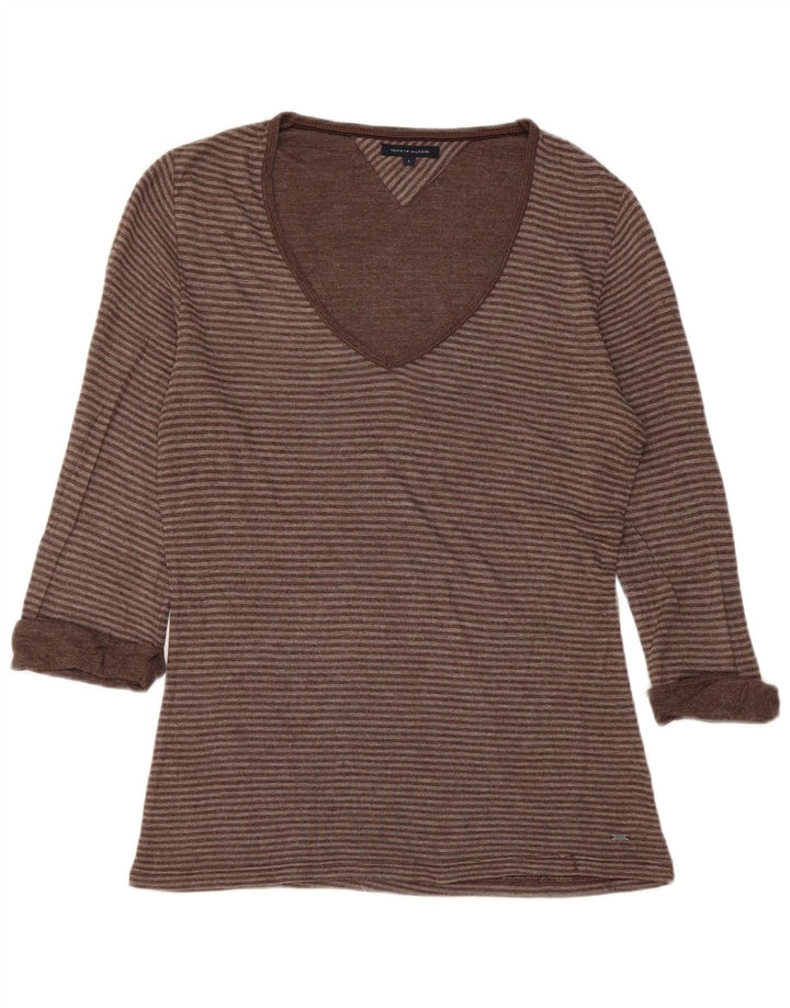 TOMMY HILFIGER Haut Femme Manches 3/4 UK 14 Large Marron Rayé