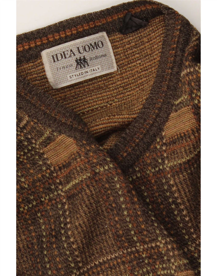 vintage Mens Crew Neck Jumper Pull Grand Carreau Marron