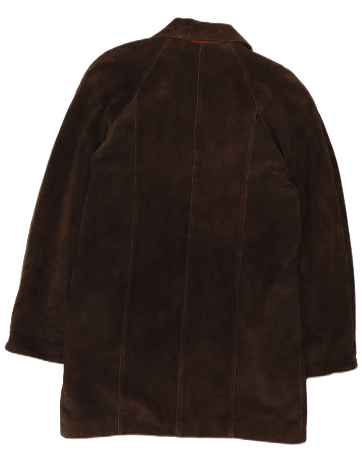 vintage Femmes Surdimensionné Suède Pardessus UK 2 2XS Cuir Marron