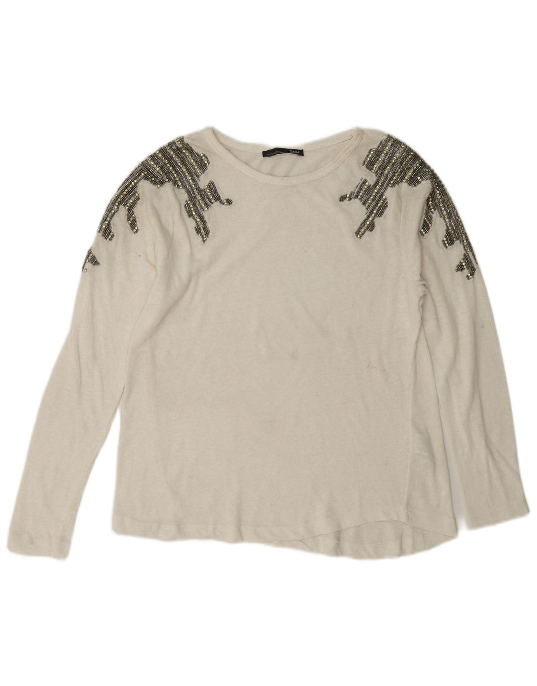 Zara Femme Top Manches Longues UK 10 Petit Coton Blanc