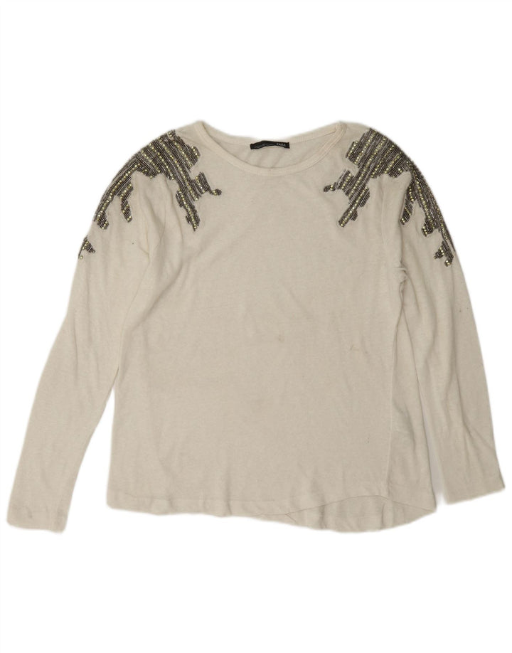 Zara Femme Top Manches Longues UK 10 Petit Coton Blanc