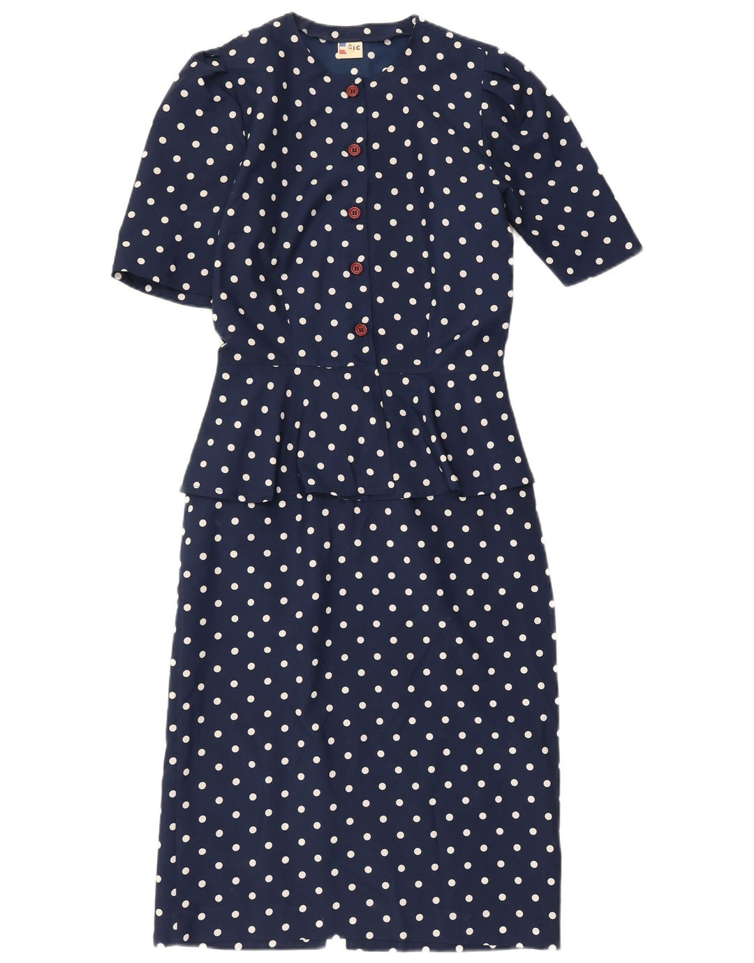Robe Peplum Femme Vintage IT 42 Polyester Bleu Marine Moyen À Pois