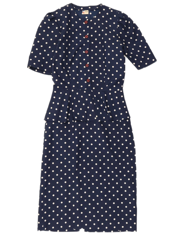 Robe Peplum Femme Vintage IT 42 Polyester Bleu Marine Moyen À Pois