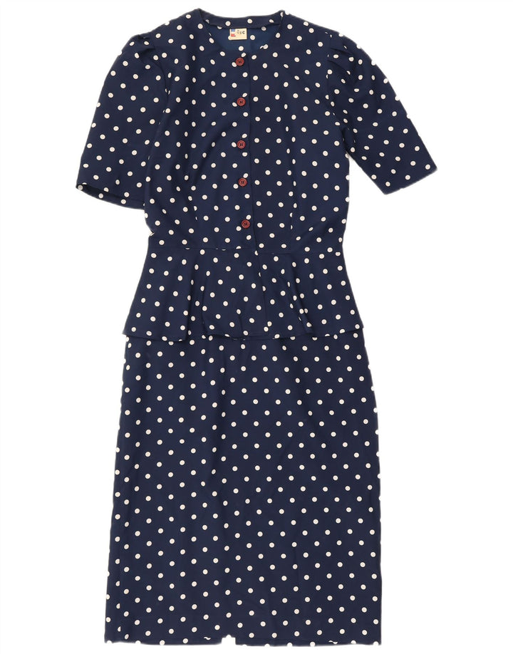 Robe Peplum Femme Vintage IT 42 Polyester Bleu Marine Moyen À Pois
