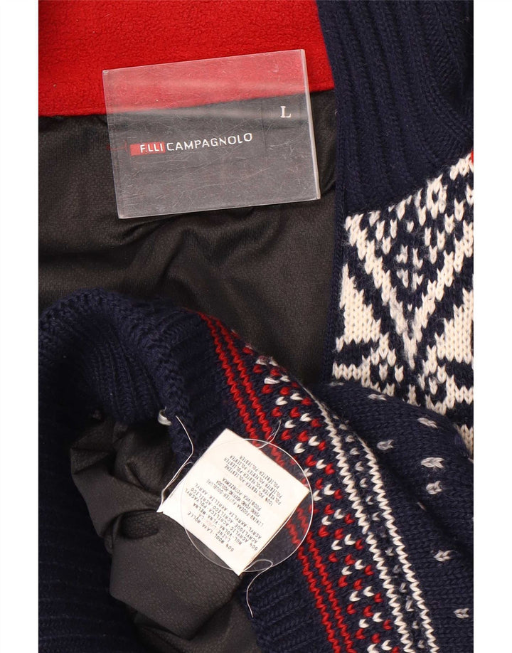 Campagnolo Cardigan Homme Pull Large Bleu Marine Fair Isle Wool
