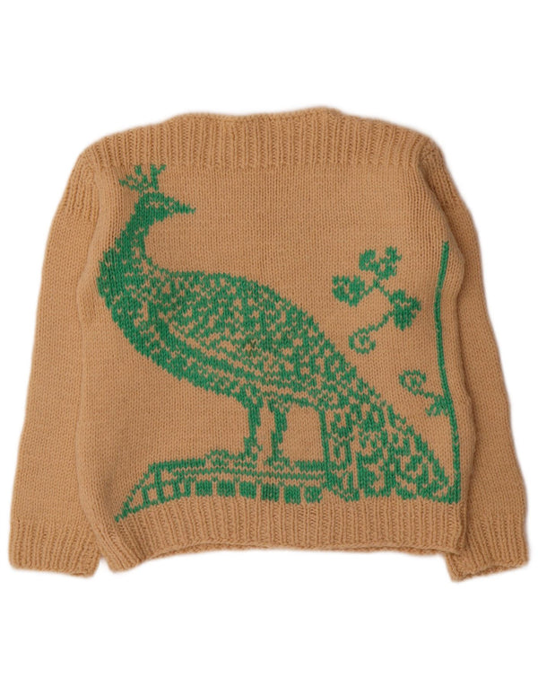 vintage Womens Graphic Boat Neck Jumper Pull UK 12 Beige Moyen