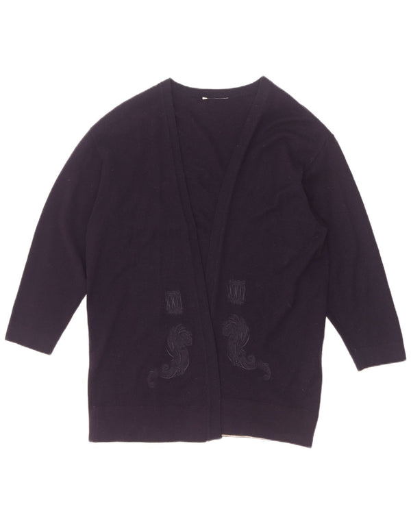 Vintage Womens Open Cardigan Sweater UK 14 Medium Navy Blue Paisley Wool