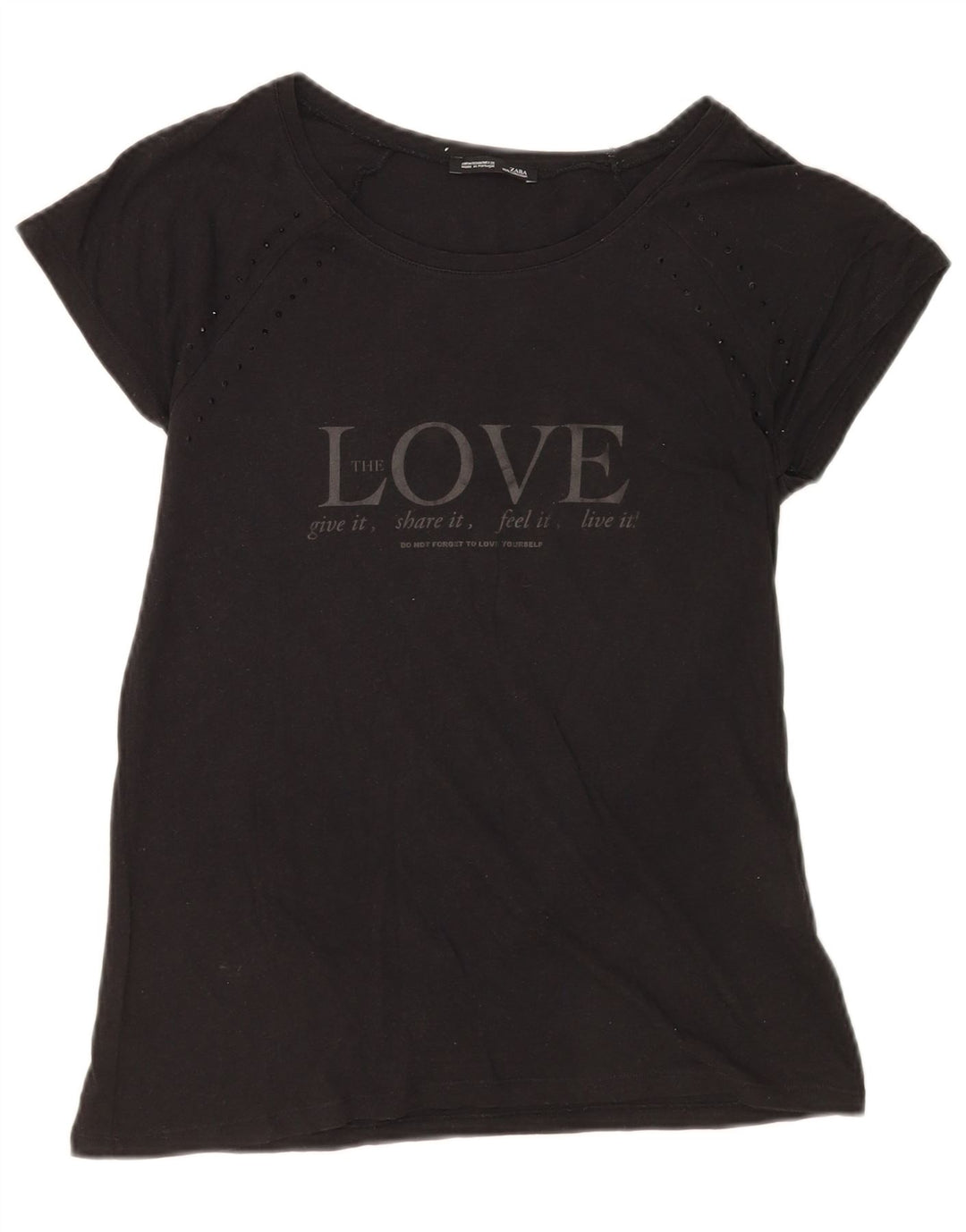 Zara Womens Graphic T-Shirt Top UK 12 Coton Noir Moyen