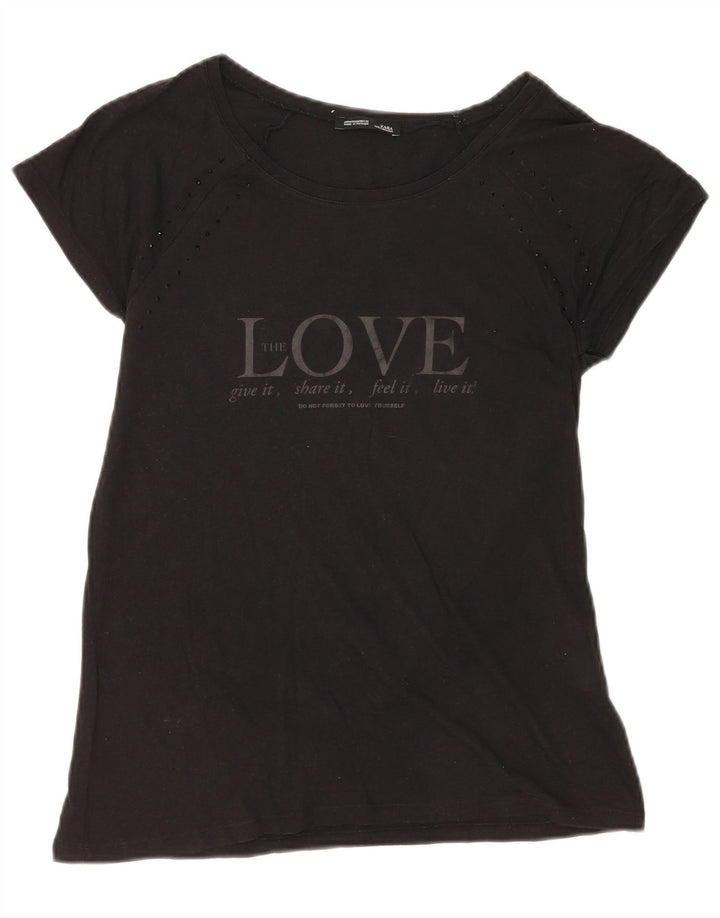 Zara Womens Graphic T-Shirt Top UK 12 Coton Noir Moyen