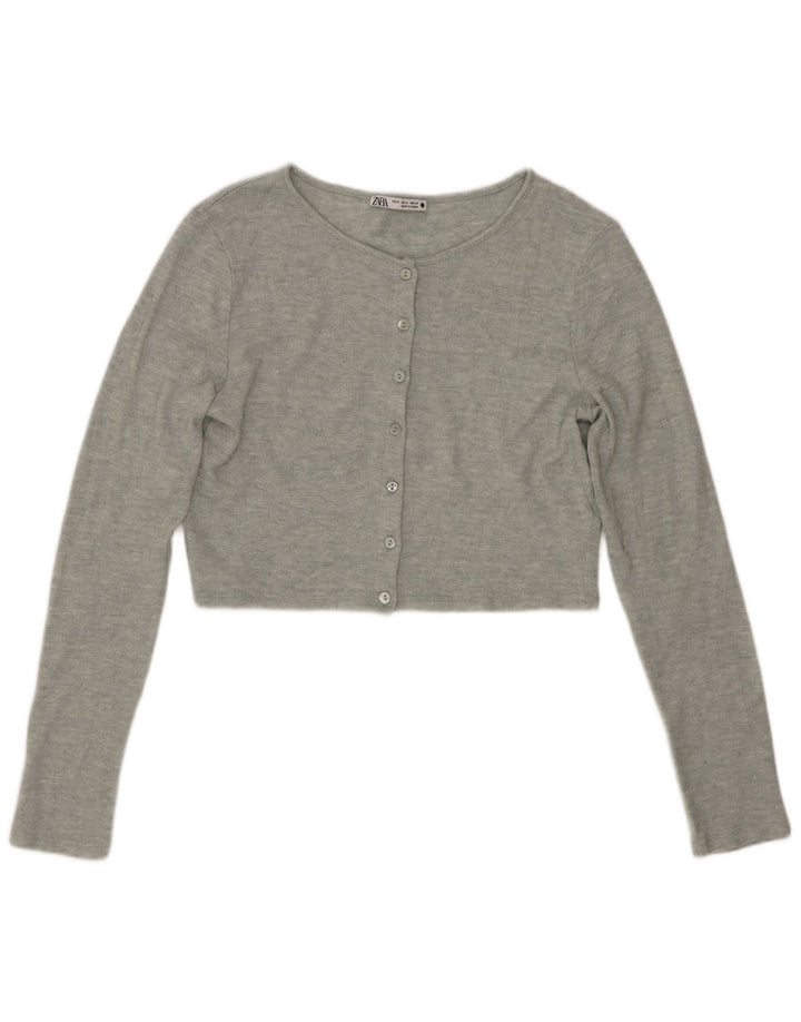 Zara Womens Crop Cardigan Sweater UK 12 Gris Moyen Moucheté