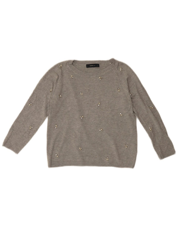 ZARA Femme Pull à Manches 3/4 Col Bateau UK 10 Petit Gris Viscose