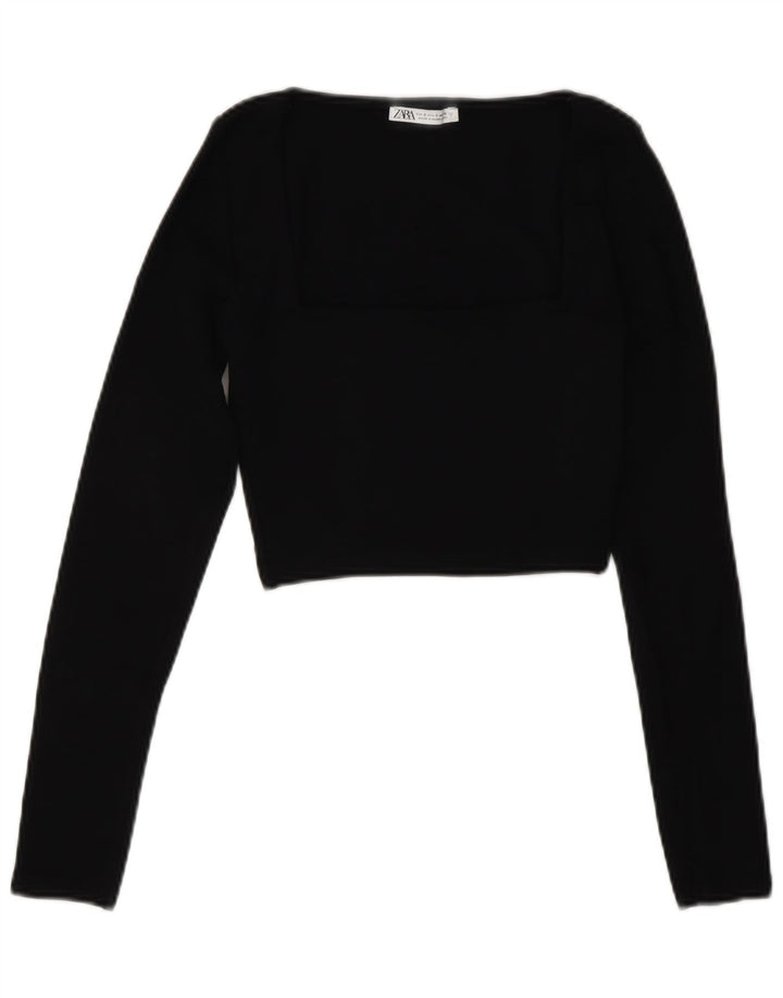 Zara Womens Crop Top Manches Longues UK 8 Petit Coton Noir