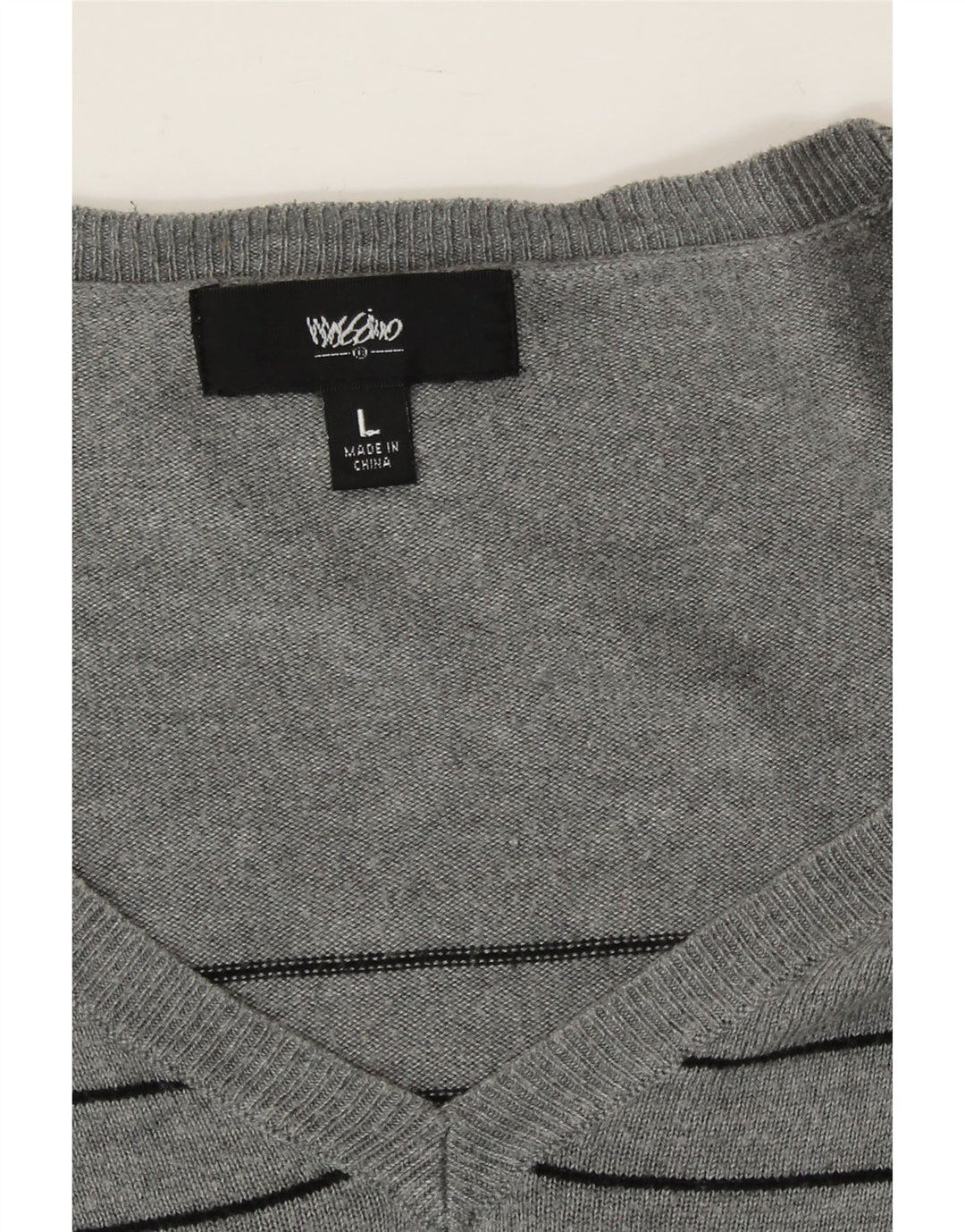 MOSSIMO Womens V-Neck Jumper Sweater UK 16 Large Grey Striped Nylon Vintage Mossimo and Second-Hand Mossimo from Messina Hembry 