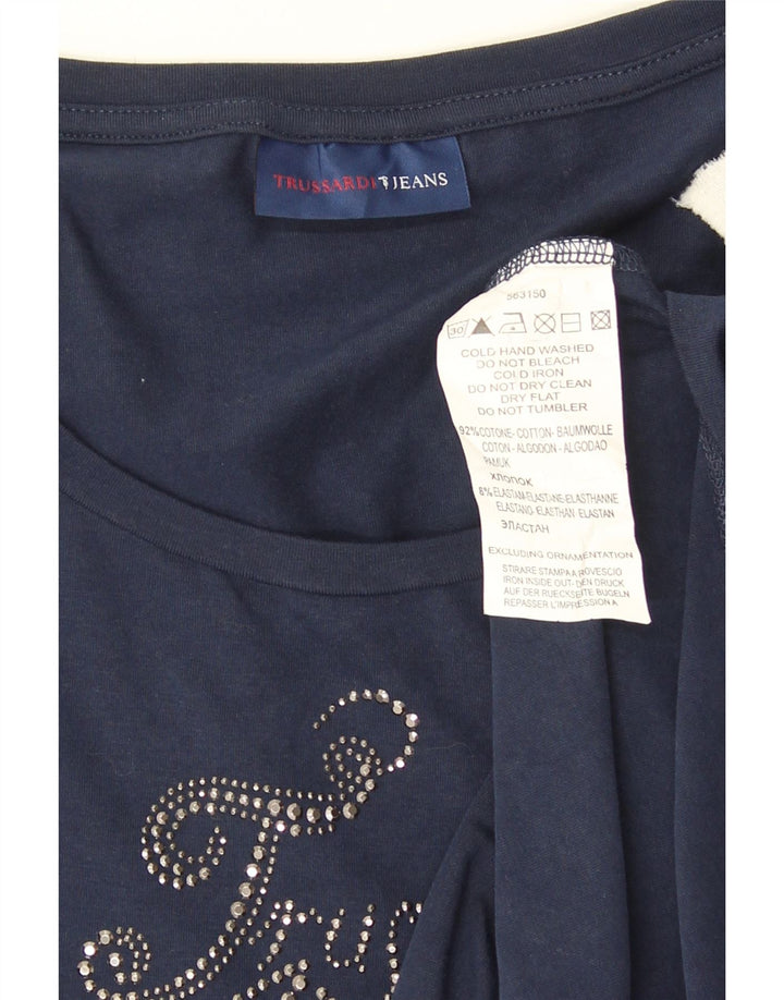 Trussardi Jeans Haut graphique à manches longues pour femme UK 12 Bleu marine moyen