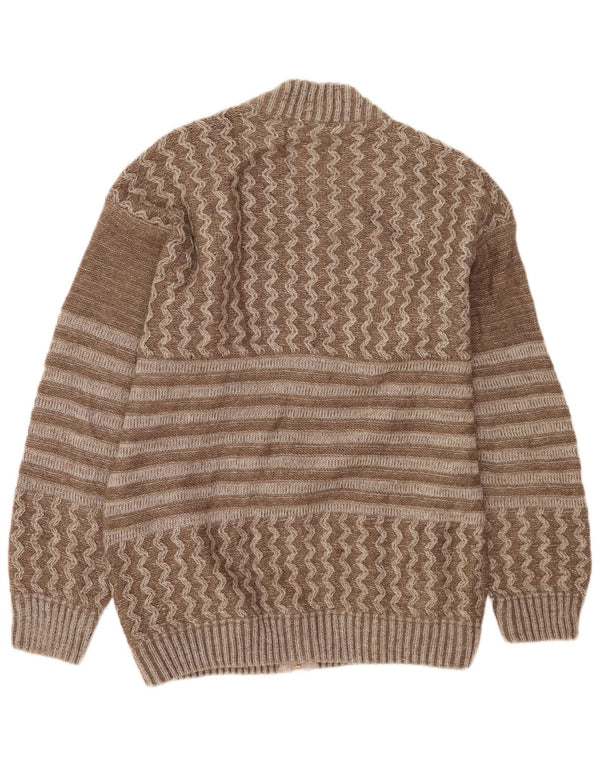 vintage Mens Graphic Cardigan Sweater Grande laine patchwork marron