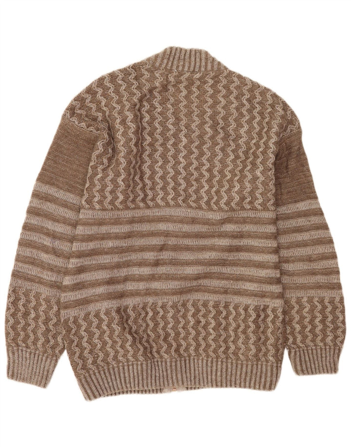 vintage Mens Graphic Cardigan Sweater Grande laine patchwork marron