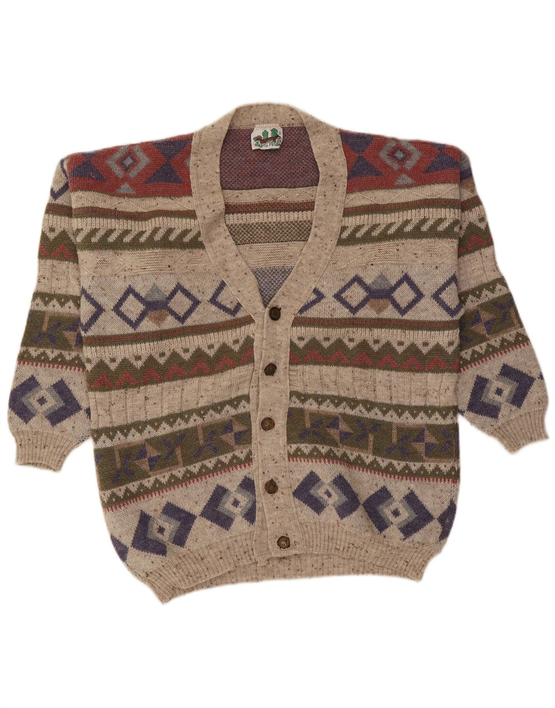 vintage Mens Cardigan Sweater Grande laine géométrique multicolore