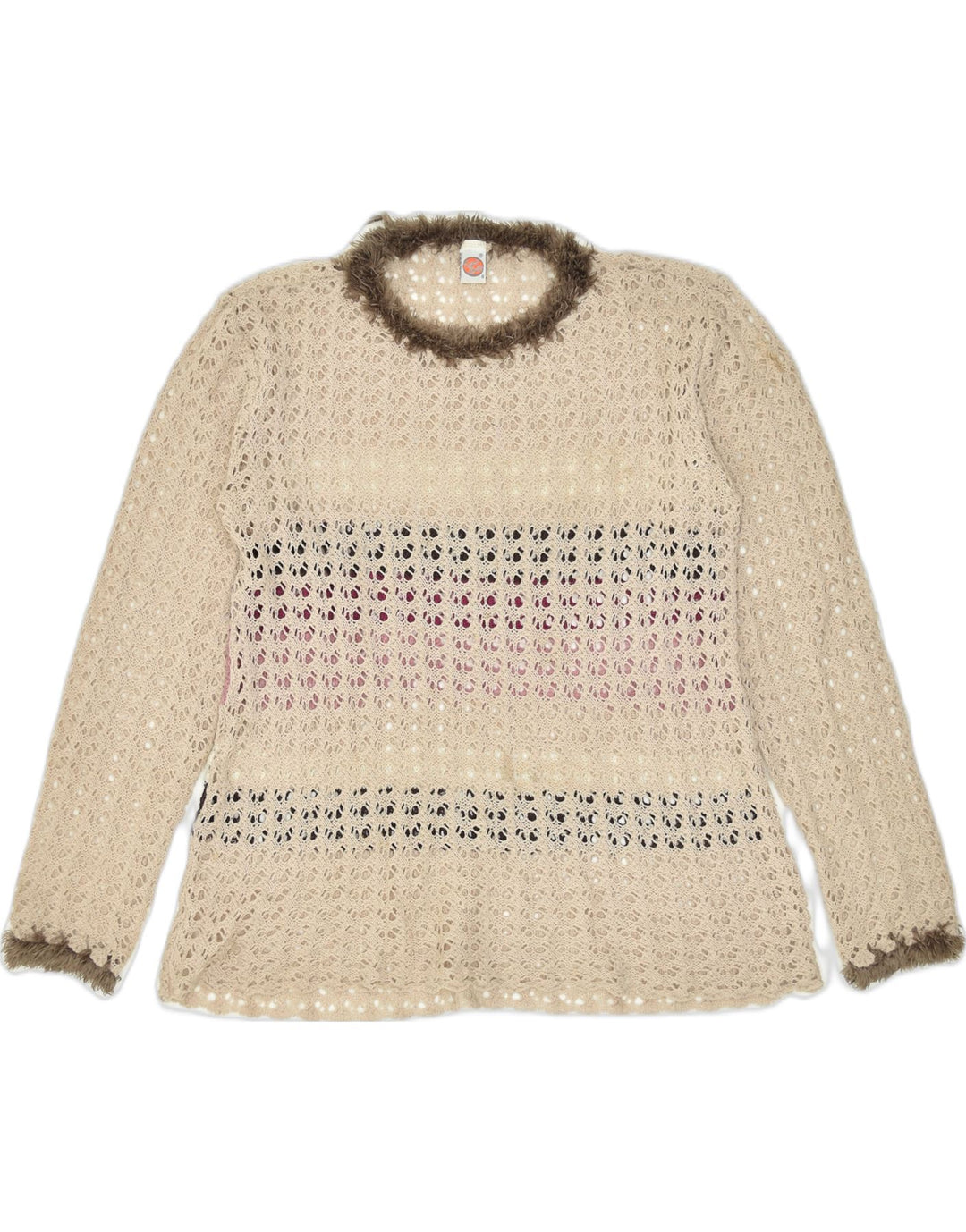 VINTAGE Womens See Through Crew Neck Jumper Sweater UK 20 2XL Beige Nylon | Vintage | Thrift | Second-Hand | Used Clothing | Messina Hembry 