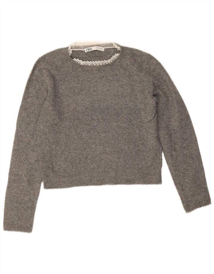Zara Pull court à col rond pour femme UK 14 Gris moyen