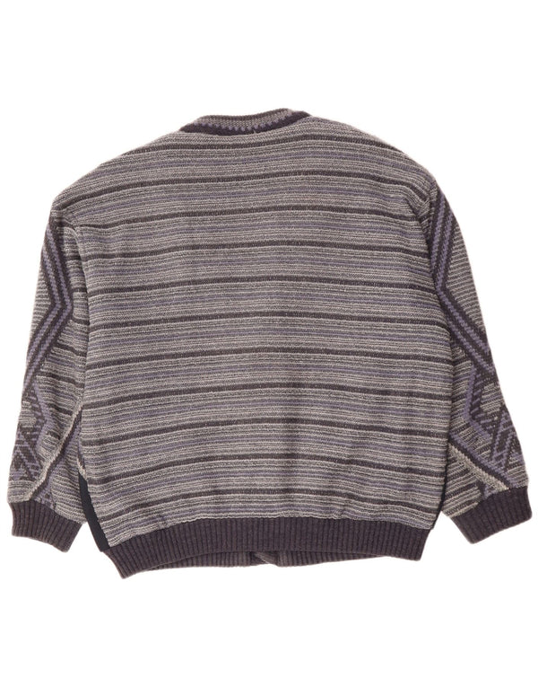 VINTAGE Homme Cardigan Pull XL Gris Géométrique Acrylique
