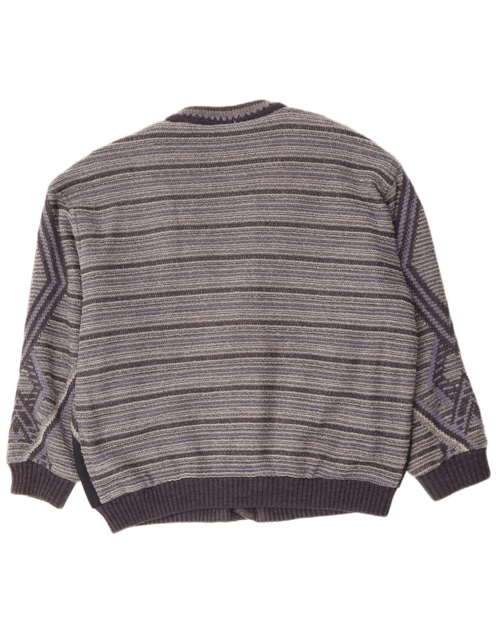 VINTAGE Homme Cardigan Pull XL Gris Géométrique Acrylique