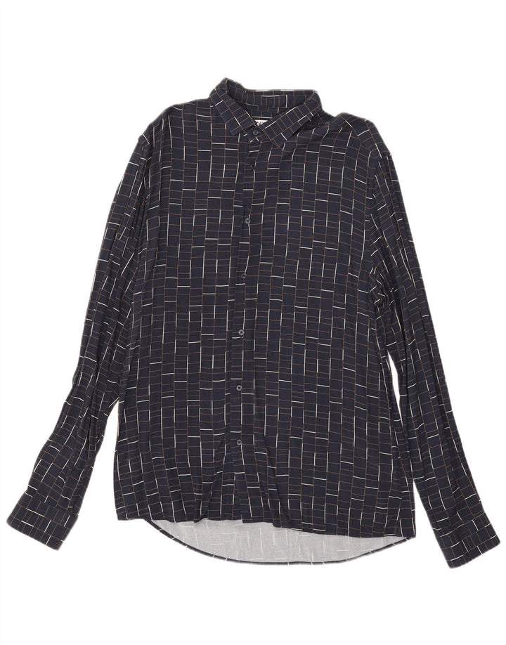 Zara Chemise Slim Fit Grand Carreaux Bleu Marine Viscose