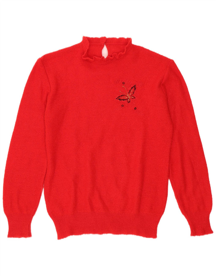 vintage Womens Turtle Neck Jumper Pull UK 14 Papillon Rouge Moyen