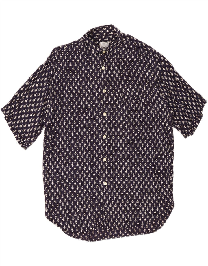 VINTAGE Chemise à manches courtes pour homme à motif abstrait en viscose bleu marine moyen