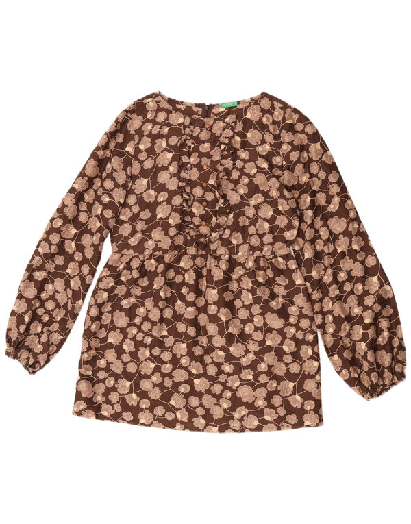 Benetton Chemisier à manches longues pour femme UK 10 Petite soie florale marron
