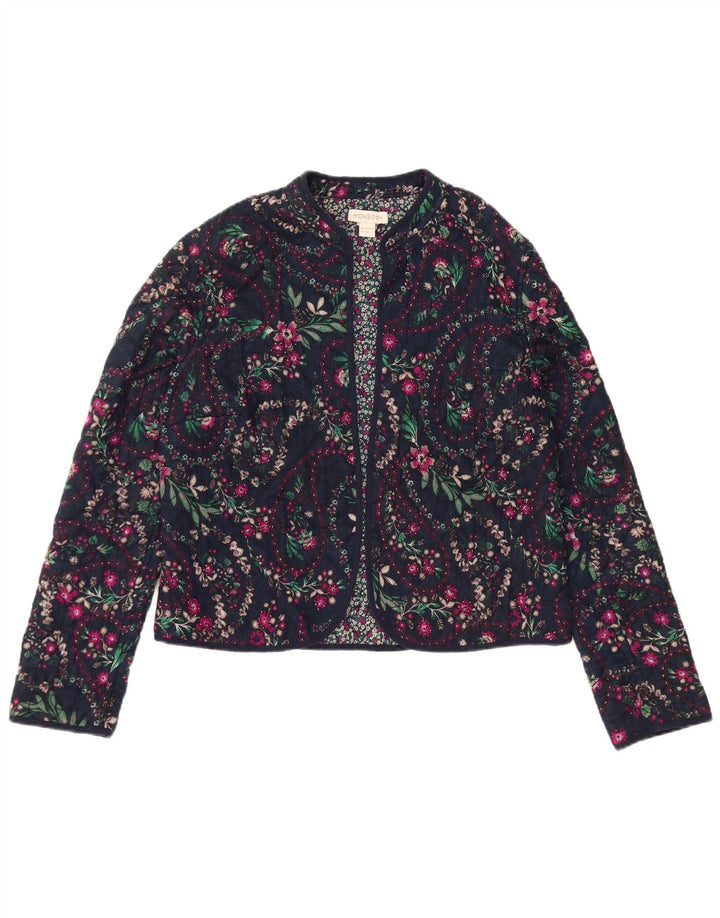Monsoon Veste Blazer Ouverte Femme UK 12 Coton Floral Bleu Marine Moyen