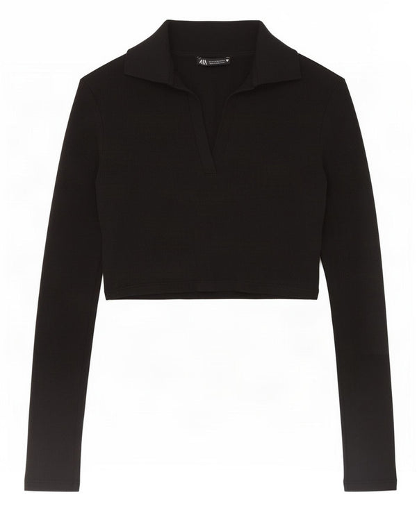 Zara Polo court à manches longues pour femme UK 12 en coton noir moyen