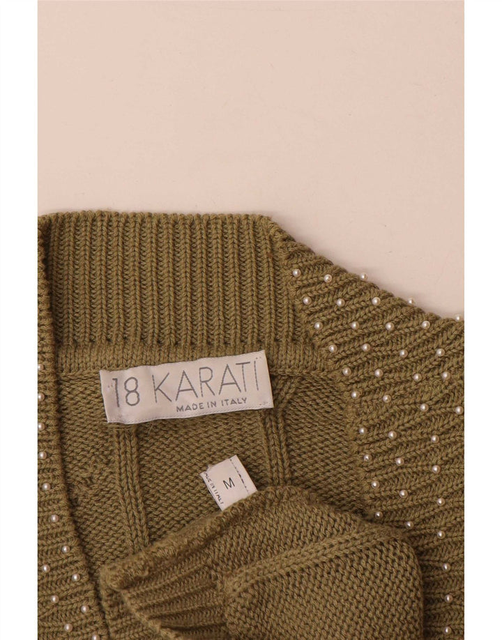 vintage Femme Cardigan Pull UK 14 Coton Kaki Moyen