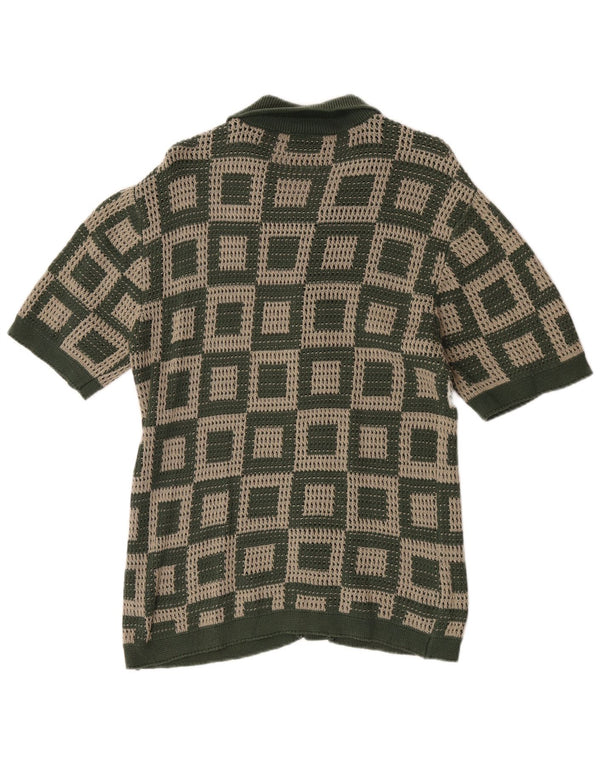 vintage Mens Short Sleeve Cardigan Pull Moyen Vert Géométrique Coton
