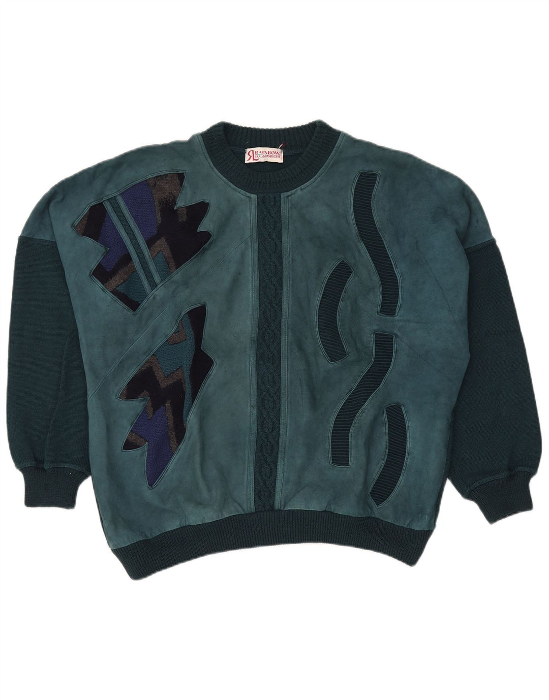 vintage Mens Abstract Pattern Crew Neck Jumper Pull Grand Vert Rétro