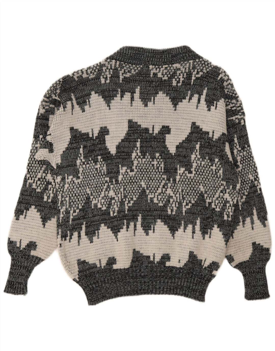 Vintage homme motif abstrait col en V pull pull gris moyen géométrique