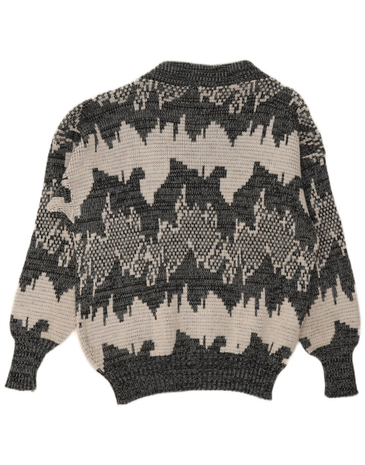Vintage homme motif abstrait col en V pull pull gris moyen géométrique