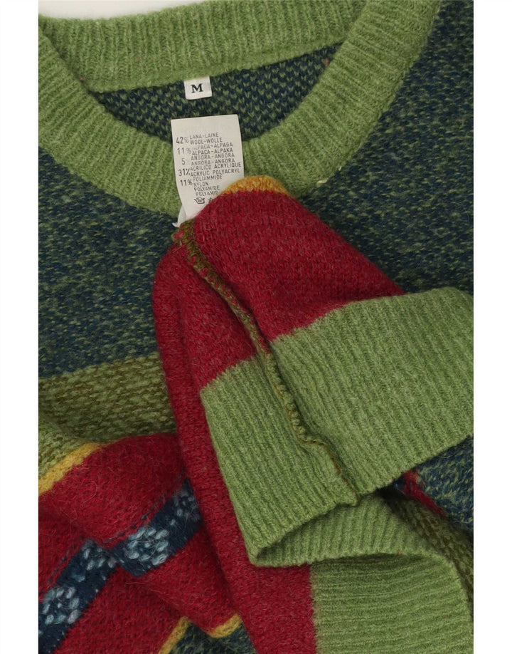 vintage Mens Crew Neck Jumper Pull Moyen Vert Rayé Laine