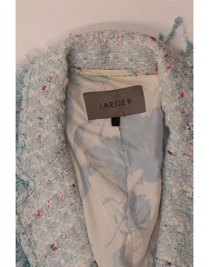 Jaeger Veste Blazer Ouverte Femme UK 14 Coton Rayé Bleu Moyen