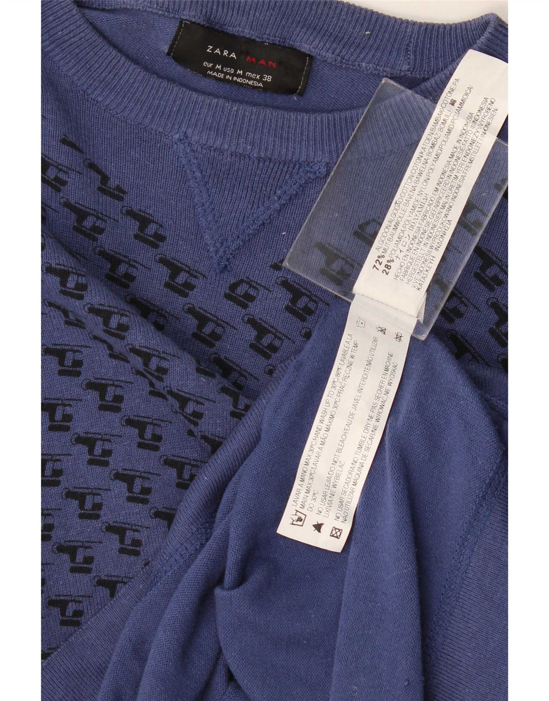 Zara Homme Graphic Top Manches Longues Coton Géométrique Bleu Marine Moyen