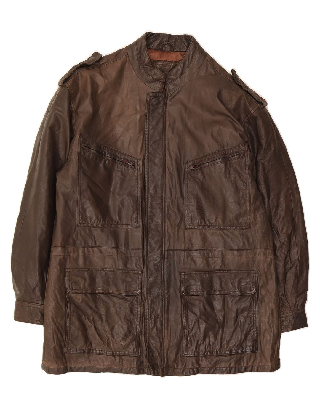 VINTAGE Mens Military Leather Coat UK 38 Medium Brown Vintage Vintage and Second-Hand Vintage from Messina Hembry 