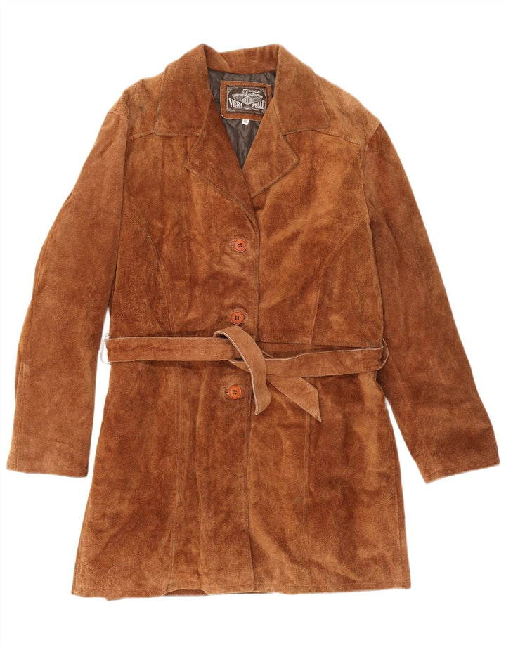 vintage Femme Suède Pardessus IT 46 Grand Cuir Marron