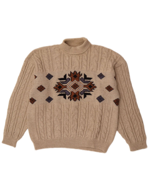 vintage Mens Roll Neck Jumper Pull Moyen Beige Géométrique