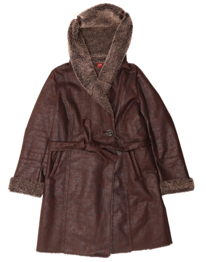 OLSEN Manteau à capuche Sherpa pour femme UK 14 Large Marron Polyester