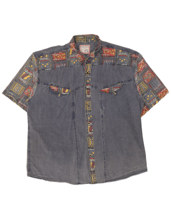 vintage Mens Short Sleeve Denim Shirt XL Bleu Marine Géométrique Coton