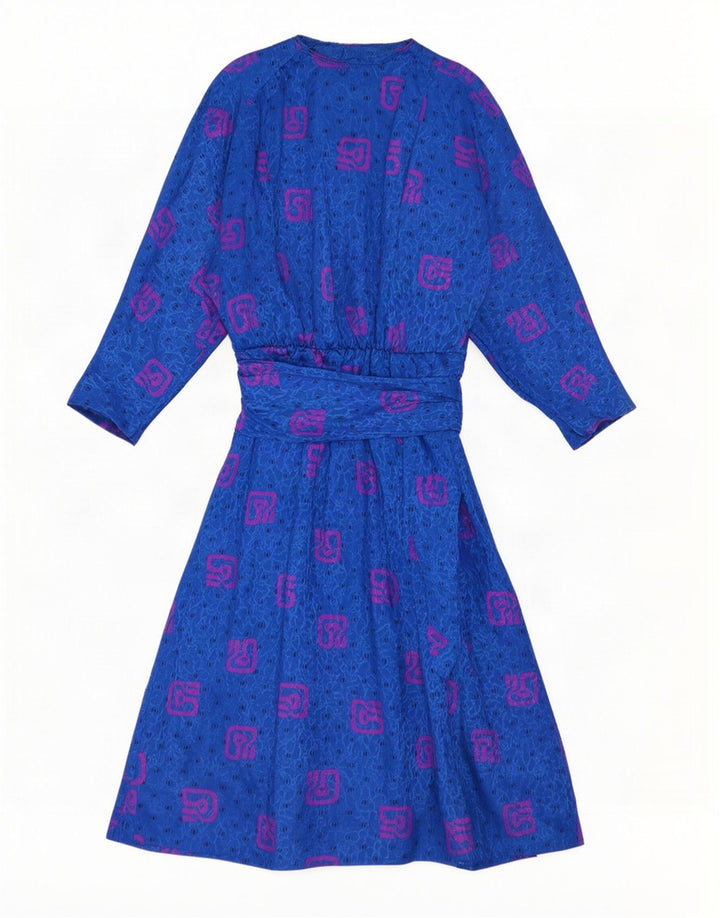 vintage Femmes Motif Abstrait Manches Longues Maxi Robe UK 10 Petit Bleu