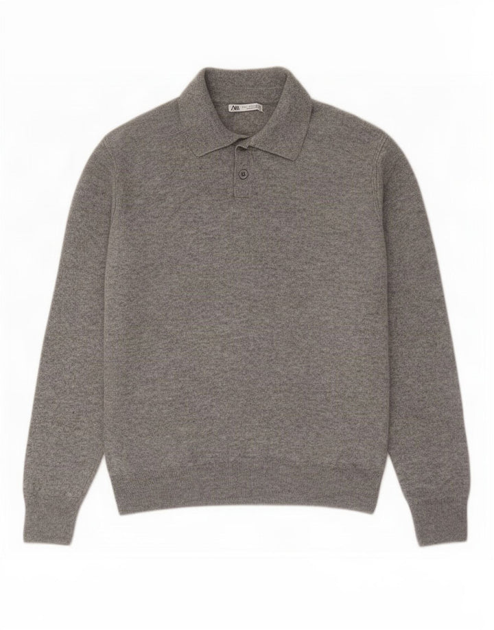 Zara Pull à col polo pour homme en laine grise