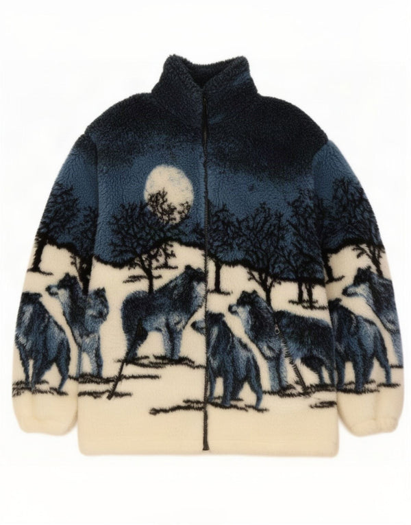 vintage Mens Graphic Fleece Jacket UK 40 Grand imprimé animal bleu marine