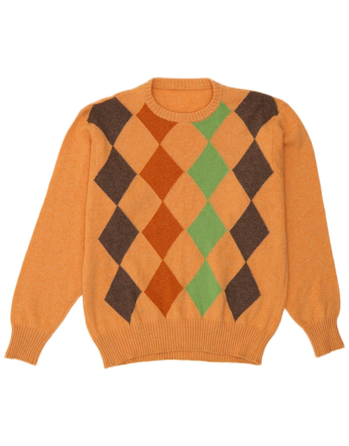 vintage Mens Crew Neck Jumper Pull Orange Moyen Argyle/Diamant