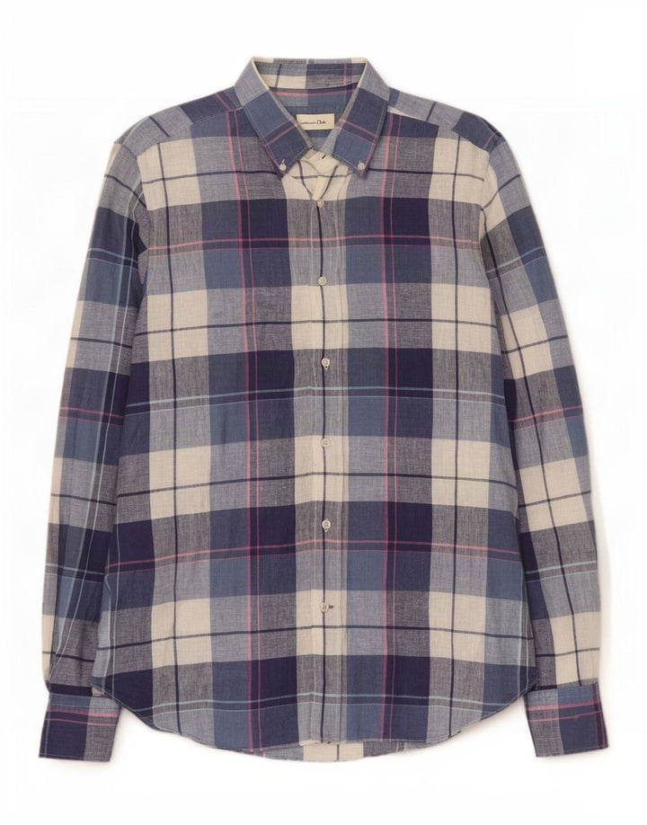 Massimo Dutti Chemise Homme Grand Carreau Bleu Lin