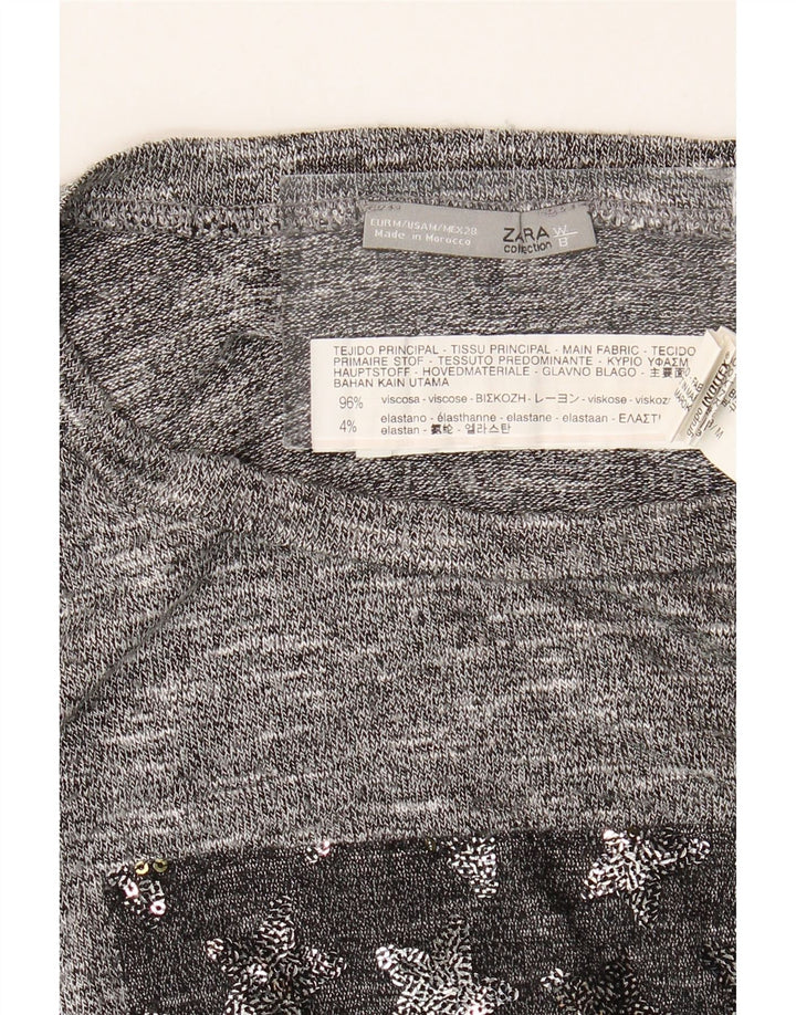 Zara Femme Top Manches Longues UK 44 Gris Moyen Viscose Moucheté